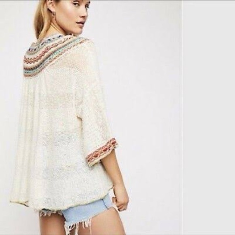 Free People Cream Embroidered Yoke Knit Top XS Boho Peasant Festival Blouse - Picture 3 of 10